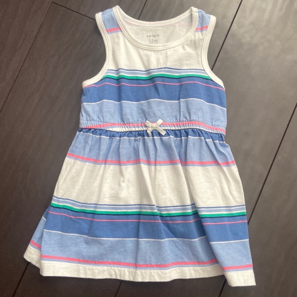 Carter’s baby girl striped blue, pink, & green cotton tank dress size 12M